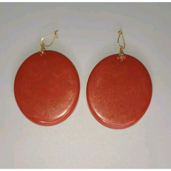 Vtg Bakelite Groovy Burnt Orange Oval Dangle Pierced Earrings Huge Retro Costume - Picture 1 of 5